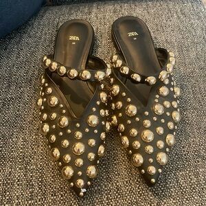 ZARA VIRAL Gold Studded Flat Mules 7.5